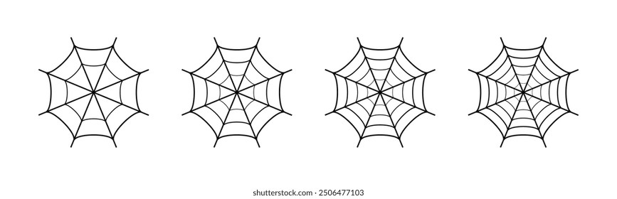 Conjunto de Web de araña sobre fondo blanco. Conjunto de iconos de Web de araña en diferentes formas. Conjunto de esquemas de iconos de vector de araña. Ilustración vectorial.