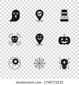 Set Spider web, Pumpkin, Happy Halloween holiday, Bottle with potion, Ghost, Skull and crossbones icon. Vector