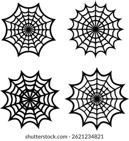 Set of spider web silhouette illustrations in a repeating design pattern. Perfect for Halloween themes, decorations, spooky backgrounds, and textile prints. Ideal for web, print, and digital projects.