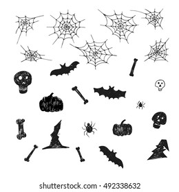 Set of spider web silhouette and pumpkins, spiders, bones, hats, skulls and bats, isolated on the white background. Hand drawn elements for Halloween decoration