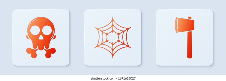 Set Spider web , Skull on crossbones  and Wooden axe . White square button. Vector