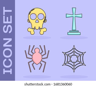 Set Spider web , Skull on crossbones , Spider  and Tombstone with cross  icon. Vector