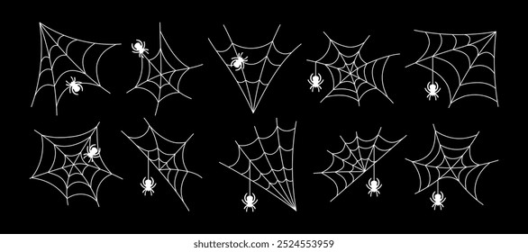 Definir a teia de aranha com aranhas, isoladas no fundo preto. Silhuetas de linha de Halloween linha branca teia de aranha ou teia de aranha - para decoração de design. Ilustração vetorial, elementos decorativos tradicionais de Halloween.