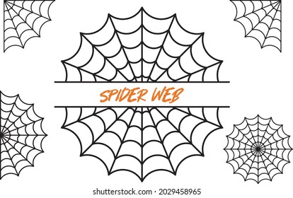 Set of spider web symbols, spiderweb split name frame. Applicable as halloween tattoo, halloween decor or banner. Spider web collection on white isolated background. Vector illustration
