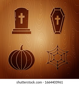 Set Spider web , Tombstone with cross , Pumpkin  and Coffin with christian cross  on wooden background. Vector