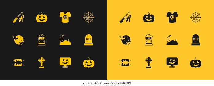 Set Spider web, Tombstone con cruz, Luna y estrellas, Feliz fiesta de Halloween, RIP escrito, calavera de camisas, cuchillo sangriento e ícono de calabaza. Vector