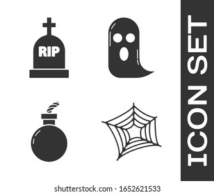 Set Spider web , Tombstone with RIP, Bomb ready to explode  and Ghost  icon. Vector