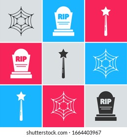 Set Spider web , Tombstone with RIP and Magic wand  icon. Vector