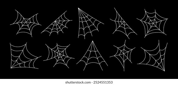 Definir teia de aranha, teia de aranha branca, isolada no plano de fundo preto. Ilustração vetorial, elementos decorativos tradicionais de Halloween. Silhuetas de Halloween linha preta teia de aranha ou teia de aranha - para decoração de design.