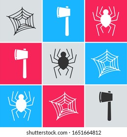 Set Spider web , Wooden ax y Spider icono. Vector