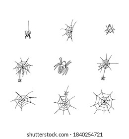 Set of spider webs, hanging spiders. Torn web. Big spider. Halloween. Hand drawing. The elements for decoration. Vector. 