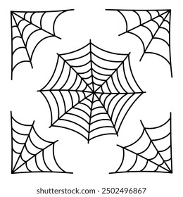 Set of spider webs icon. Black outline linear silhouette. Editable strokes. Front view. Vector simple flat graphic illustration. Isolated object on white background. Isolate.