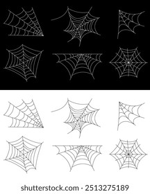 Set of spider webs on black and white background. Elegant mesh patterns with a happy halloween party ornament. Vector illustration