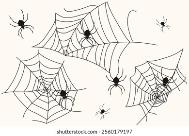 Set of spider webs with spiders. Flat vector illustrations.