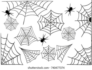 A set of spider webs with spiders. Halloween.