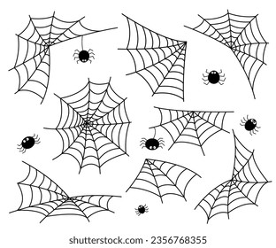 Set of spider webs and spiders on white surface. Halloween concept.