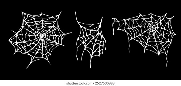 Set of spider webs. White outline in doodle style. Curved silhouette of threads for Halloween. Hand drawn isolated graphic clipart. Line illustration of different web shapes for creepy decor, design.