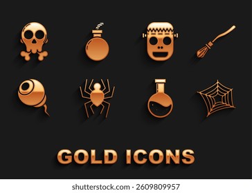 Set Spider, Witches broom, web, Bottle with potion, Eye, Zombie mask, Skull crossbones and Bomb ready to explode icon. Vector