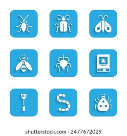 Set Spider, Worm, Ladybug, Book about insect, Fly swatter, Bee, Butterfly and Cockroach icon. Vector