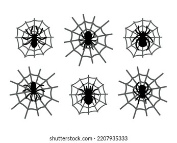 Set spiders and cobweb silhouette, isolated on white background. Vector illustration, traditional Halloween decorative element. Halloween silhouette spider and spider web - for scary design and decor.