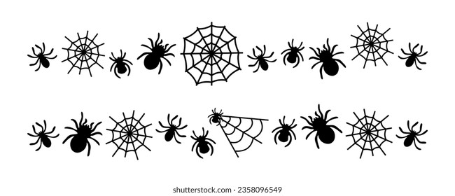 Set spiders and cobwebs border lines. Vector illustration, traditional Halloween decorative elements. Halloween silhouettes black spiders and spider web pattern lines - for design decor.