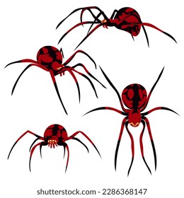 A set of spiders in different angles. Silhouette of a black and red poisonous spider with patterns on the body. A dangerous spider from different sides on a white background. An element for Halloween