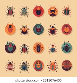 Set of spiders in a flat design, bugs, fly and other creatures