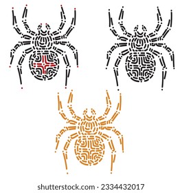 Set of spiders - the form of a spider in gold, natural color, black - made in the style of a modern mosaic. Vector silhouette.