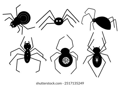 Conjunto de aranhas, desenhado à mão ilustrações vetoriais de aranhas, preto e branco, silhuetas