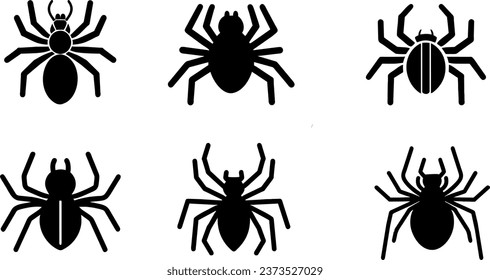 Set, spiders, isolated on a white background. Vector illustration, traditional Halloween decorative elements. Halloween silhouettes of black spiders - for design decor