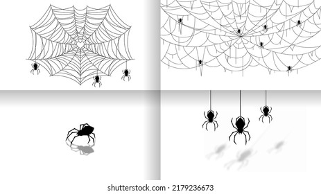 Set Spiders on Web Collection with white Background. Halloween Background Design Element. Spooky, Scary Horror Decoration Vector