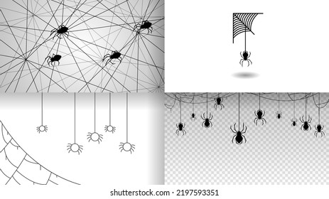 Set Spiders on Web Collection with white Background. Halloween Background Design Element. Spooky, Scary Horror Decoration Vector