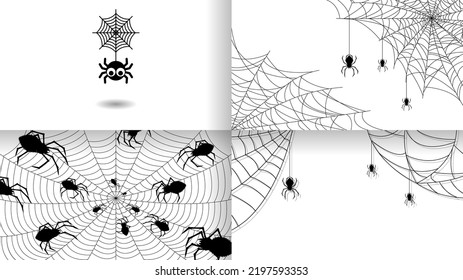 Set Spiders on Web Collection with white Background. Halloween Background Design Element. Spooky, Scary Horror Decoration Vector