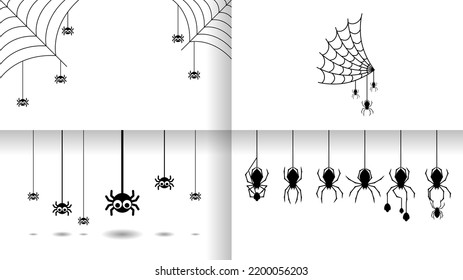 Set Spiders on Web Collection with white Background. Halloween Background Design Element. Spooky, Scary Horror Decoration Vector