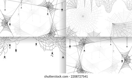Set Spiders on Web Collection with white Background. Halloween Background Design Element. Spooky, Scary Horror Decoration Vector