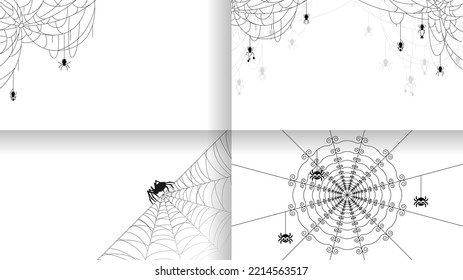 Set Spiders on Web Collection with white Background. Halloween Background Design Element. Spooky, Scary Horror Decoration Vector