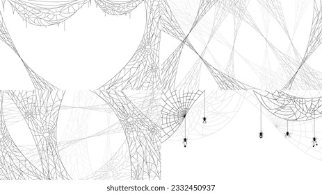 Set Spiders on Web Collection with white Background. Halloween Background Design Element. Spooky, Scary Horror Decoration Vector