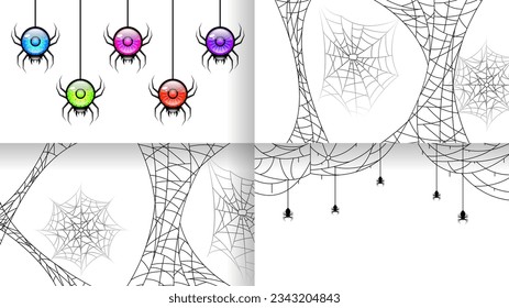 Set Spiders on Web Collection with white Background. Halloween Background Design Element. Spooky, Scary Horror Decoration Vector