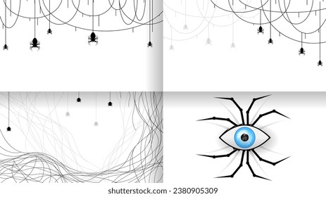 Set Spiders on Web Collection with white Background. Halloween Background Design Element. Spooky, Scary Horror Decoration Vector