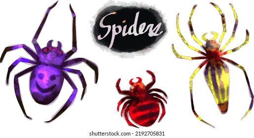 Set of spiders in vector format painted with digital watercolor