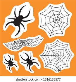 Set of spiders and web for Halloween. Halloween cobweb clipart, sticker, icons. Scary elements for decoration. Hand-drawn spider web or cobweb with spider. Vector spider isolated on orange background