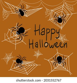 A set of spiders with a web for Halloween on an orange background