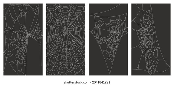 Set of spider's web of white color from straight lines on a dark background. Good for packaging and backdrops, Halloween decorations.