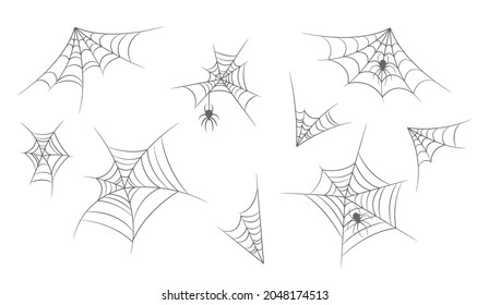 Set of Spiderwebs Design Elements. Spider Web, Cobweb for Halloween Decoration, Scary Spiders, Spook Isolated Collection on White Background. Cartoon Vector Illustration, Icons, Clipart