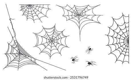 Set of Spiderwebs and Spiders Isolated on a White Background. Illustration for Posters, Halloween Invitations. Vector