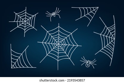 Set of spiderwebs and spiders on dark background. Vector illustration for Halloween.