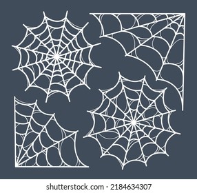 Set of spiderwebs. Symbol of Halloween. Variety of white spiderwebs on dark background. Template for your design. Hand drawn trendy vector illustration. All elements are isolated.