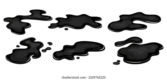 Set of Spill of black oil puddle industry. Stain ink drop of petrol liquid shape. Vector cartton illustration