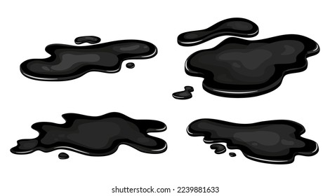 Set of Spill of black oil puddle industry. Stain ink drop of petrol liquid shape. Vector cartton illustration.