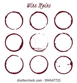 Set of spilled wine stains spots rings Isolated on white background, vector illustration